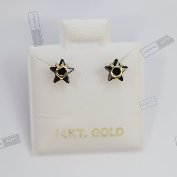 14K Solid Gold Star Stud Earrings • Black Cubic Zirconia Design • Modern Jewelry - Picture 1 of 8